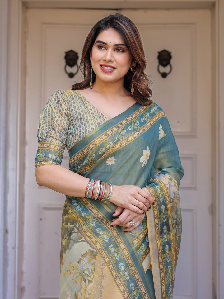 Pastel Sea-Green Scenic Landscape Printed Handloom Cotton Saree with Artistic Pallu & Tassels – Elegant Day Wear