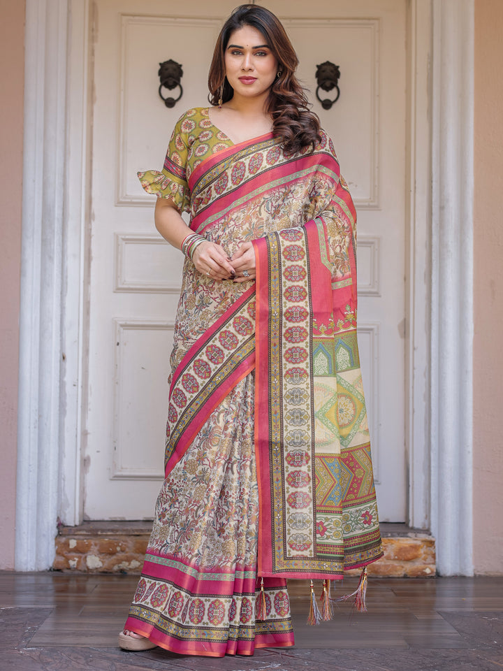 Cream & Pink Floral Heritage Printed Handloom Cotton Saree with Traditional Border & Tassels – Elegant Festive Wear