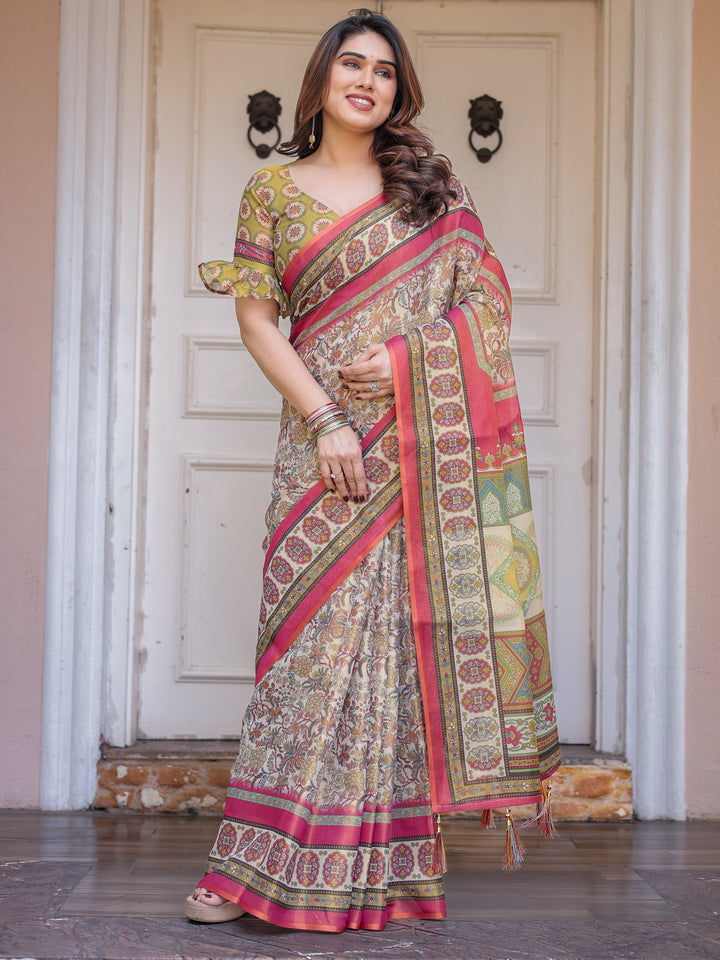 Cream & Pink Floral Heritage Printed Handloom Cotton Saree with Traditional Border & Tassels – Elegant Festive Wear