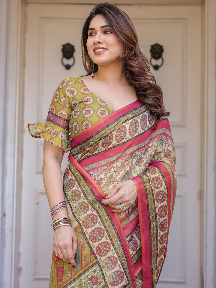Cream & Pink Floral Heritage Printed Handloom Cotton Saree with Traditional Border & Tassels – Elegant Festive Wear