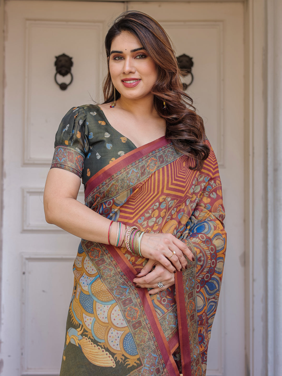 Rust Maroon & Olive Artistic Peacock Printed Handloom Cotton Saree with Heritage Border & Tassels – Festive Ethnic Wear