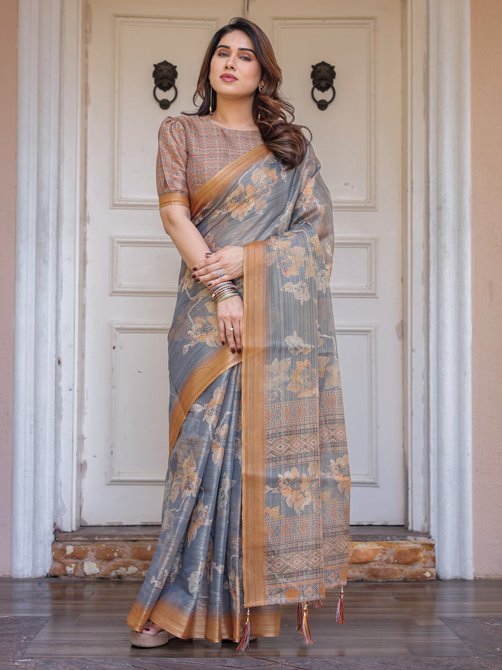 Steel Grey & Rust Gold Floral Handloom Cotton-Linen Saree with Zari Border & Tassels – Elegant Traditional Wear