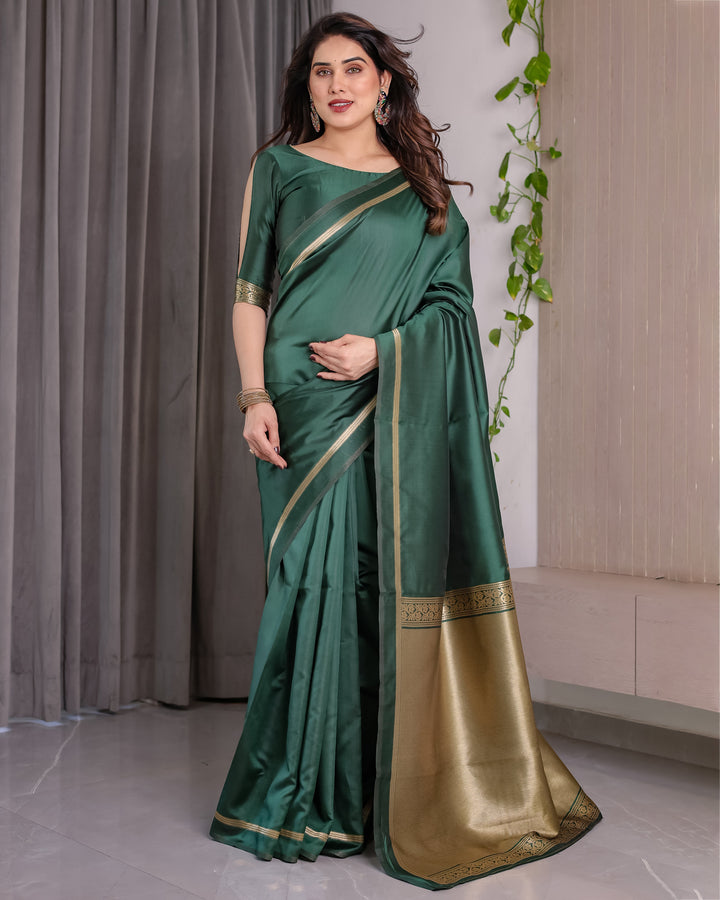 Emerald Green Soft Kanjivaram Silk Saree with Golden Zari Border & Rich Pallu | 5.5m Saree + 0.8m Blouse Piece