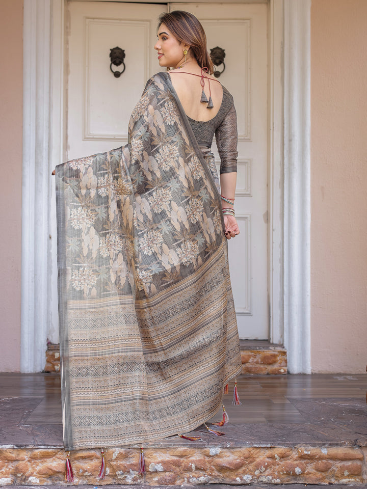 Taupe Grey & Beige Floral Handloom Cotton-Linen Saree with Woven Pallu & Tassels – Classic Ethnic Wear