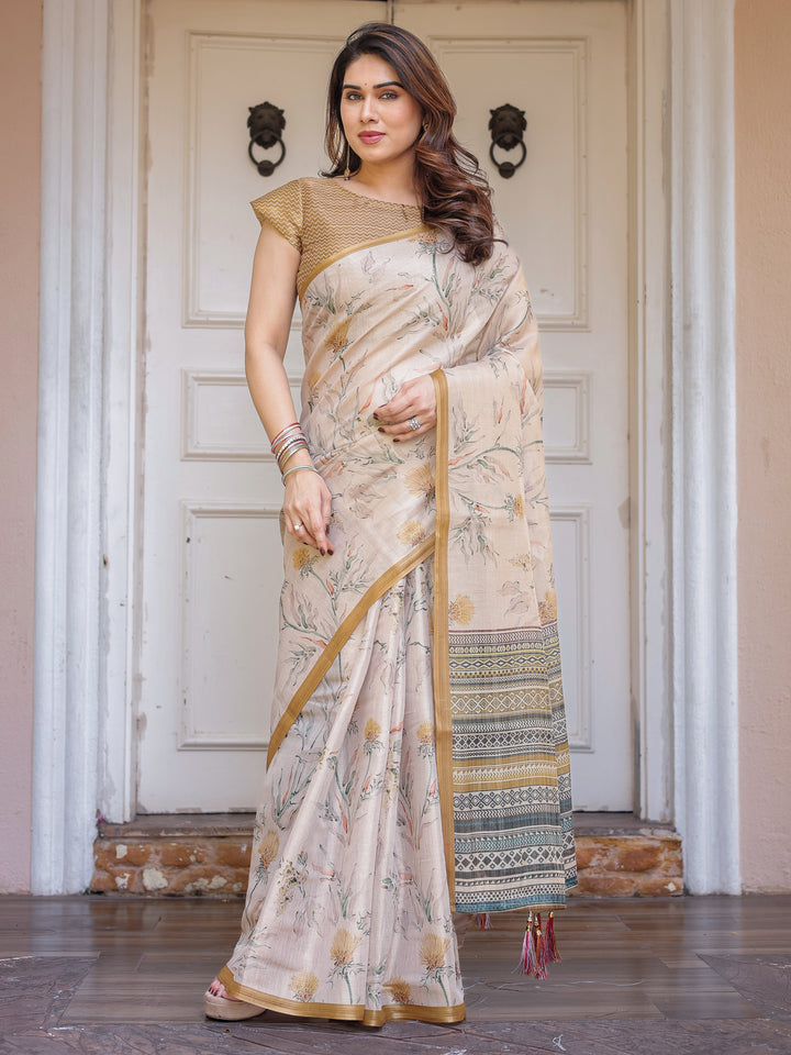 Beige & Mustard Botanical Handloom Cotton-Linen Saree with Ethnic Striped Pallu & Tassels – Graceful Traditional Wear