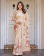 Beige Heritage Art Printed Handloom Cotton-Linen Saree with Elephant & Horse Motif Pallu and Tassels – Traditional Statement Wear