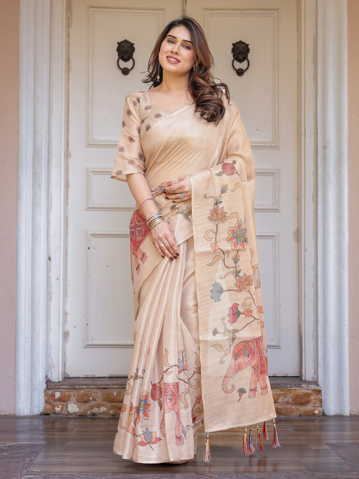 Beige Heritage Art Printed Handloom Cotton-Linen Saree with Elephant & Horse Motif Pallu and Tassels – Traditional Statement Wear