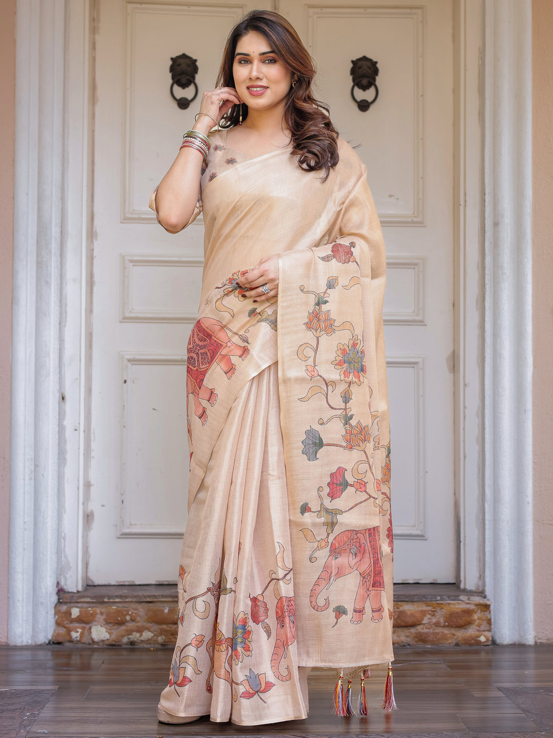 Beige Heritage Art Printed Handloom Cotton-Linen Saree with Elephant & Horse Motif Pallu and Tassels – Traditional Statement Wear
