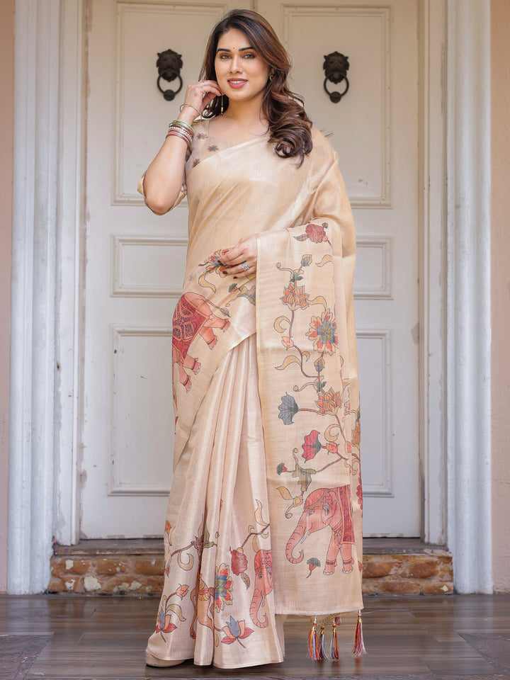 Beige Heritage Art Printed Handloom Cotton-Linen Saree with Elephant & Horse Motif Pallu and Tassels – Traditional Statement Wear
