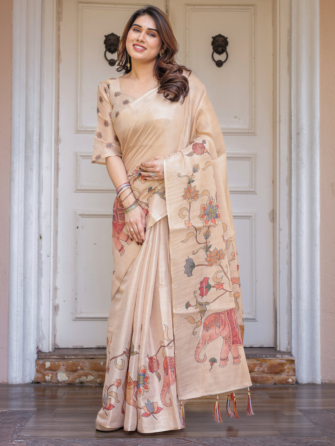 Beige Heritage Art Printed Handloom Cotton-Linen Saree with Elephant & Horse Motif Pallu and Tassels – Traditional Statement Wear