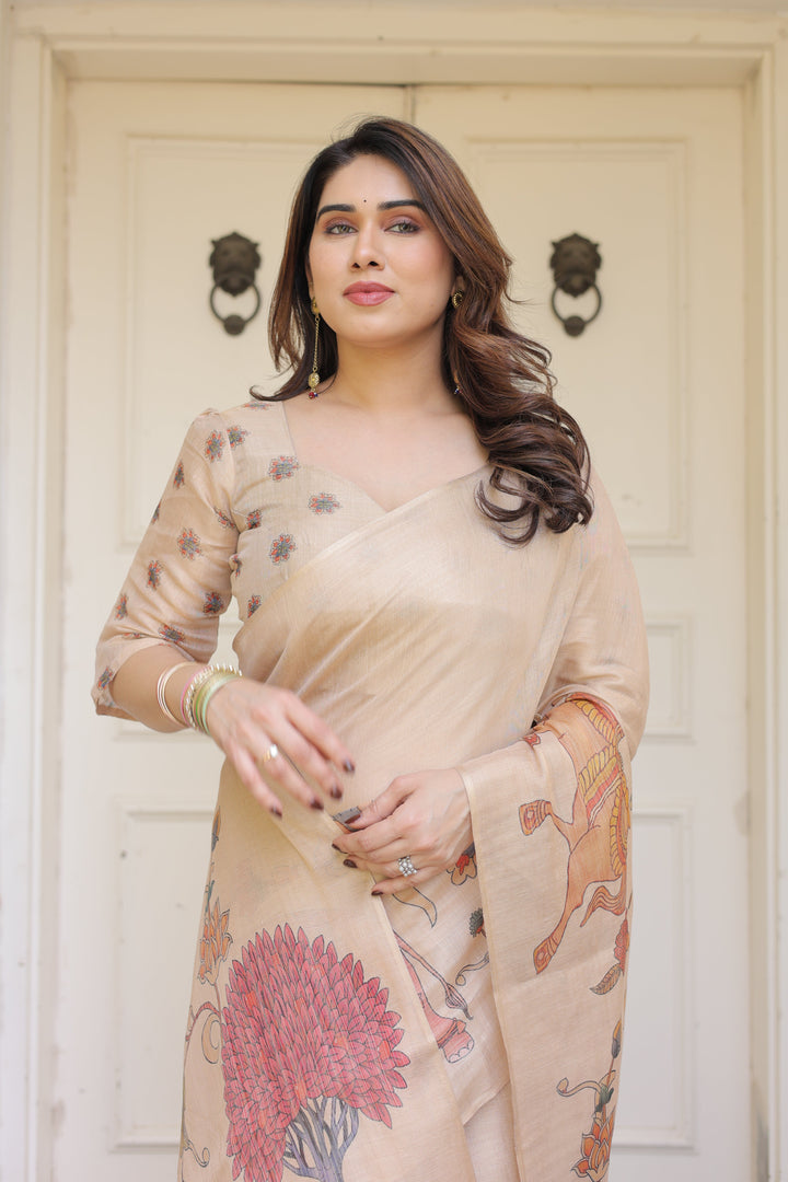 Beige Heritage Art Printed Handloom Cotton-Linen Saree with Elephant & Horse Motif Pallu and Tassels – Traditional Statement Wear