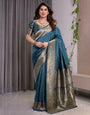 Teal Blue Pure Kanjivaram Silk Saree with Golden Zari Weaving & Brocade Floral Pallu | 5.5m Saree + 0.8m Blouse Piece