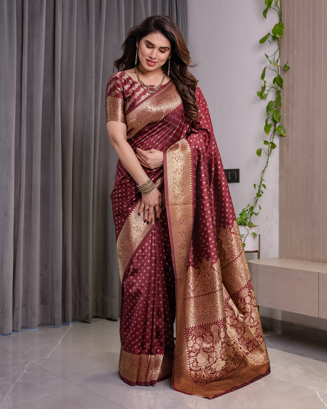 Maroon Pure Kanjivaram Silk Saree with All-Over Zari Buttas & Floral Brocade Pallu | 5.5m Saree + 0.8m Blouse Piece