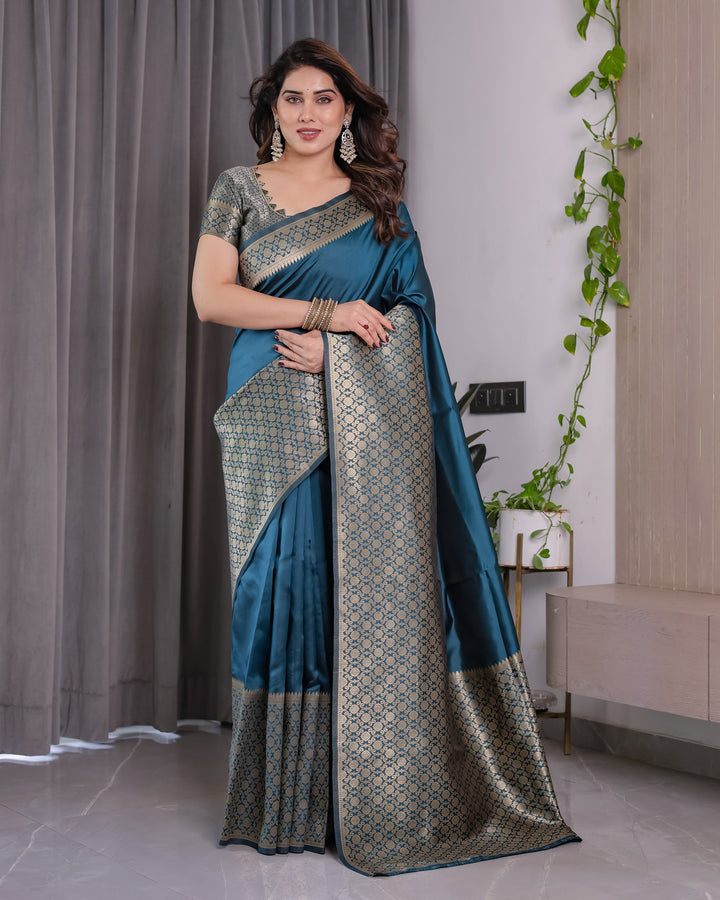 Teal Blue Pure Kanjivaram Silk Saree with Gold Woven Jacquard Border & Designer Blouse | 5.5m Saree + 0.8m Blouse Piece