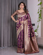 Majestic Purple Pure Kanjivaram Silk Saree with Gold Zari Striped Pallu & Traditional Brocade Border | 5.5m Saree + 0.8m Blouse