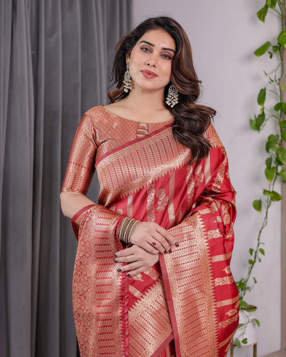Classic Red Pure Kanjivaram Silk Saree with Rich Zari Floral Striped Pallu & Brocade Border | 5.5m Saree + 0.8m Blouse Piece
