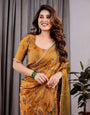Mustard Yellow Fendy Chiffon Saree with Foil & Block Print, Tassels, and Attached Blouse