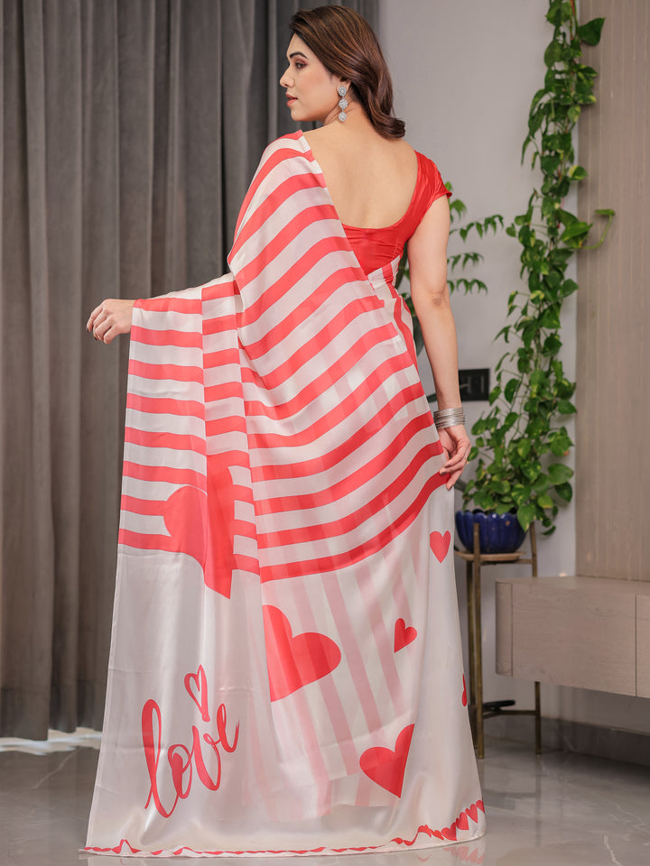 Coral Pink & Ivory Striped Satin Georgette Saree with Heart Motif Romantic Pallu and Attached Coral Blouse – 5.5 Meter Designer Saree for Valentine’s Day & Anniversary Wear