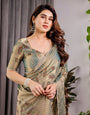 Pastel Green Fendy Chiffon Saree with Foil & Block Prints, Pearl Lace & Tassel Edges