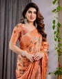 Sunset Orange Fendy Chiffon Saree with Foil & Block Print, Tassel Detail & Pearl Border