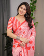 Blush Pink & Coral Red Heart Print Satin Georgette Saree with Romantic Love Typography Pallu and Attached Striped Blouse – 5.5 Meter Designer Saree for Valentine’s Day & Anniversary Wear