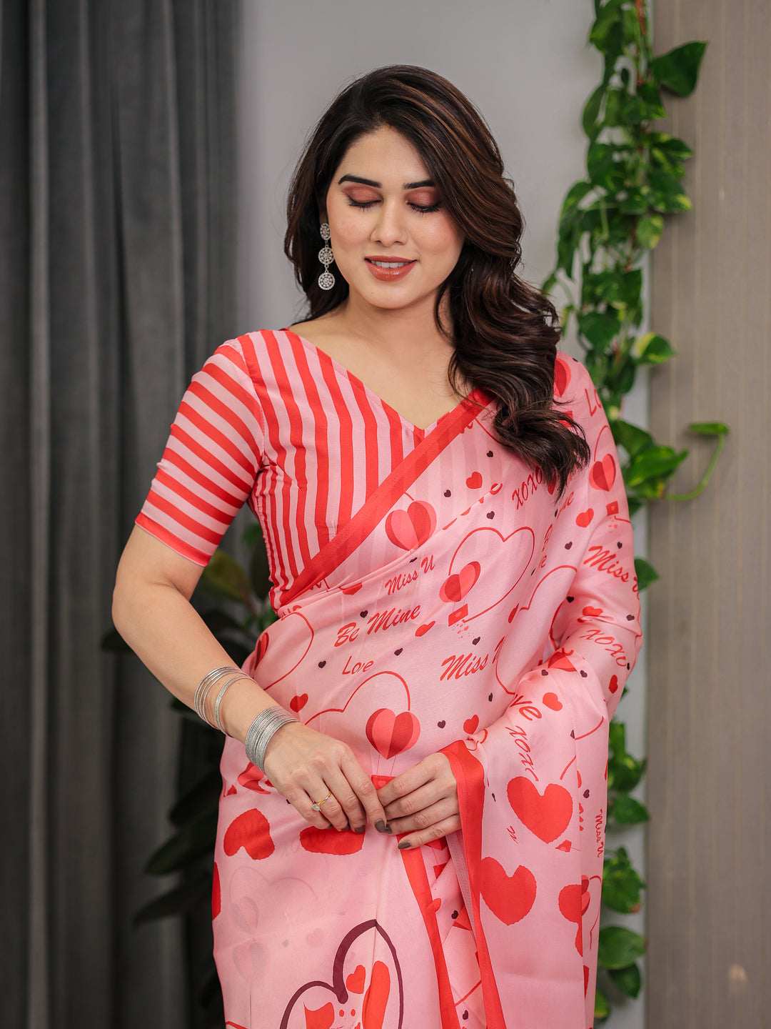 Blush Pink & Coral Red Heart Print Satin Georgette Saree with Romantic Love Typography Pallu and Attached Striped Blouse – 5.5 Meter Designer Saree for Valentine’s Day & Anniversary Wear