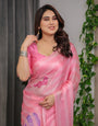 Soft Blush Pink Satin Georgette Saree with Abstract Stripe Texture, Heart Motifs and Attached Pink Checkered Blouse – 5.5 Meter Romantic Designer Saree for Valentine’s Day & Anniversary Wear