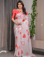 Ivory White Satin Georgette Saree with Bold Red Heart Print and Attached Red Heart Pattern Blouse – 5.5 Meter Romantic Designer Saree for Valentine’s Day & Anniversary Wear