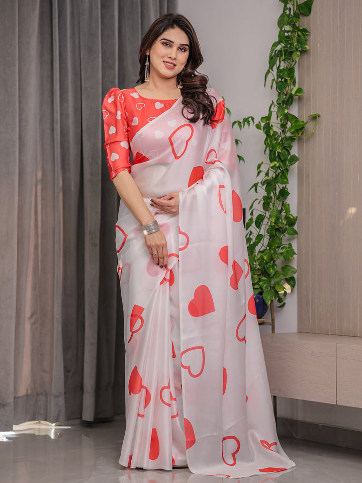 Ivory White Satin Georgette Saree with Bold Red Heart Print and Attached Red Heart Pattern Blouse – 5.5 Meter Romantic Designer Saree for Valentine’s Day & Anniversary Wear