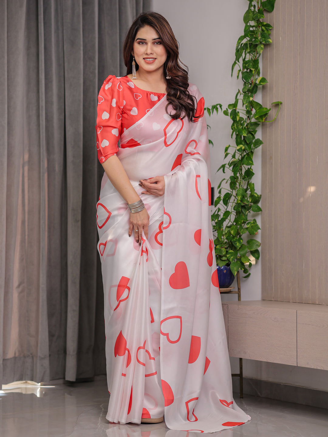 Ivory White Satin Georgette Saree with Bold Red Heart Print and Attached Red Heart Pattern Blouse – 5.5 Meter Romantic Designer Saree for Valentine’s Day & Anniversary Wear