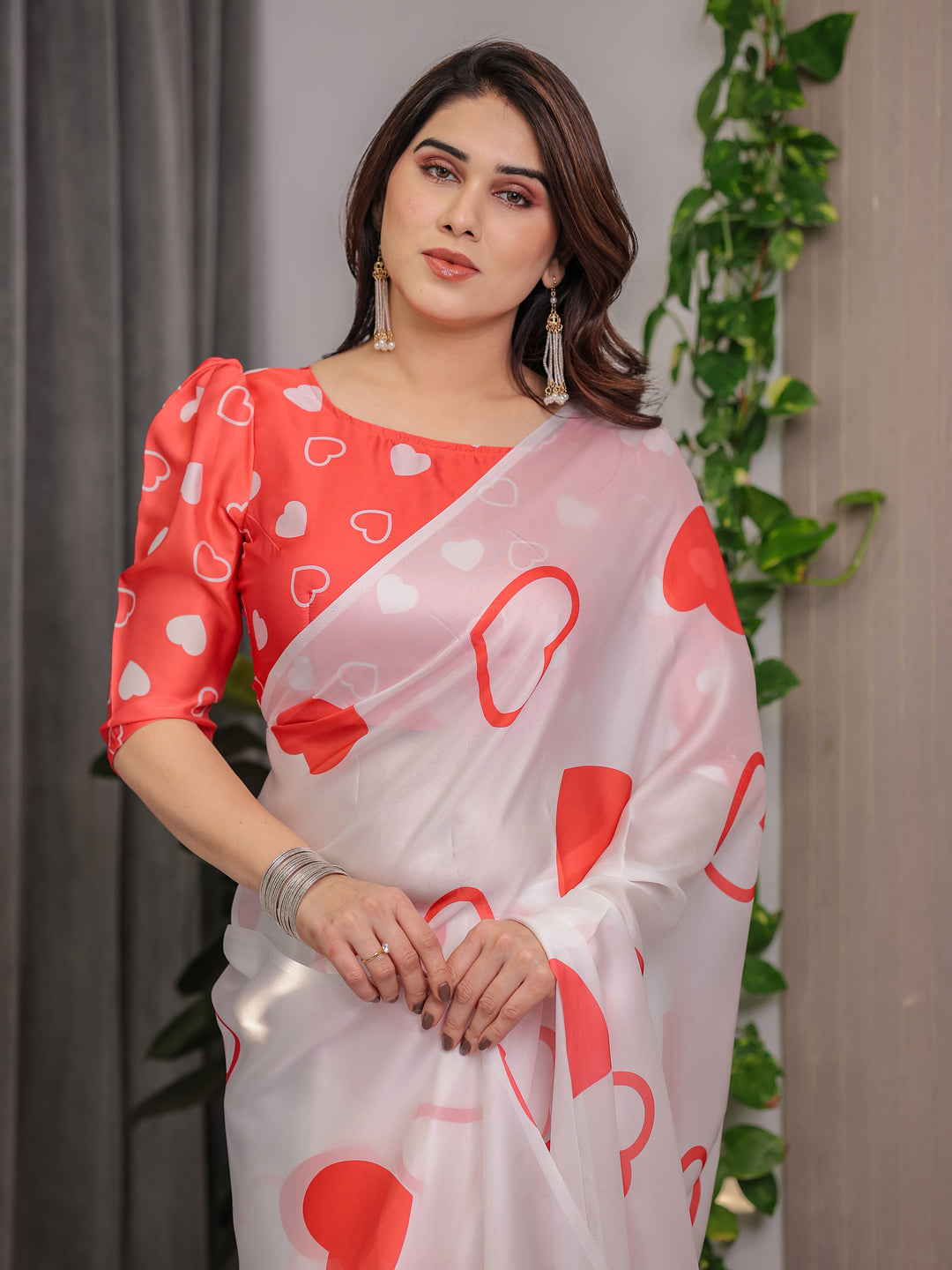 Ivory White Satin Georgette Saree with Bold Red Heart Print and Attached Red Heart Pattern Blouse – 5.5 Meter Romantic Designer Saree for Valentine’s Day & Anniversary Wear