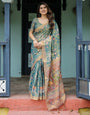 Divine Procession Teal Green Handloom Cotton Saree with Lotus Floral Print & Artistic Pallu