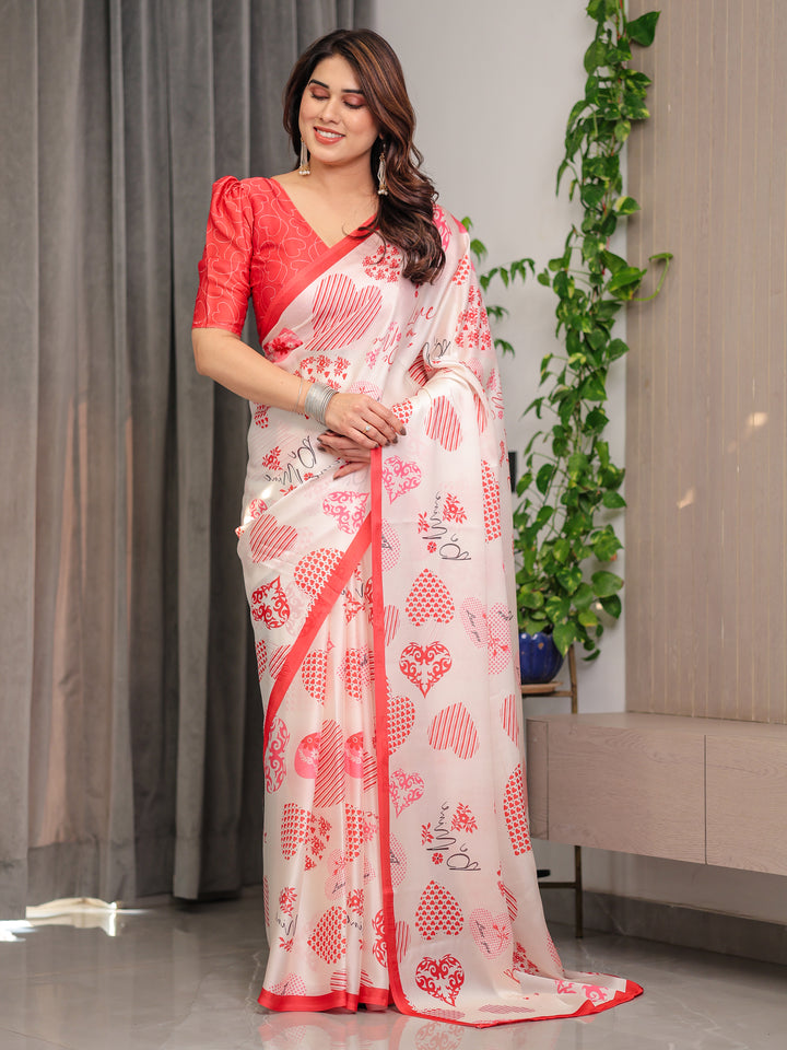 Ivory Pink & Red Love-Themed Satin Georgette Saree with Heart Prints and Romantic Pallu | Attached Blouse