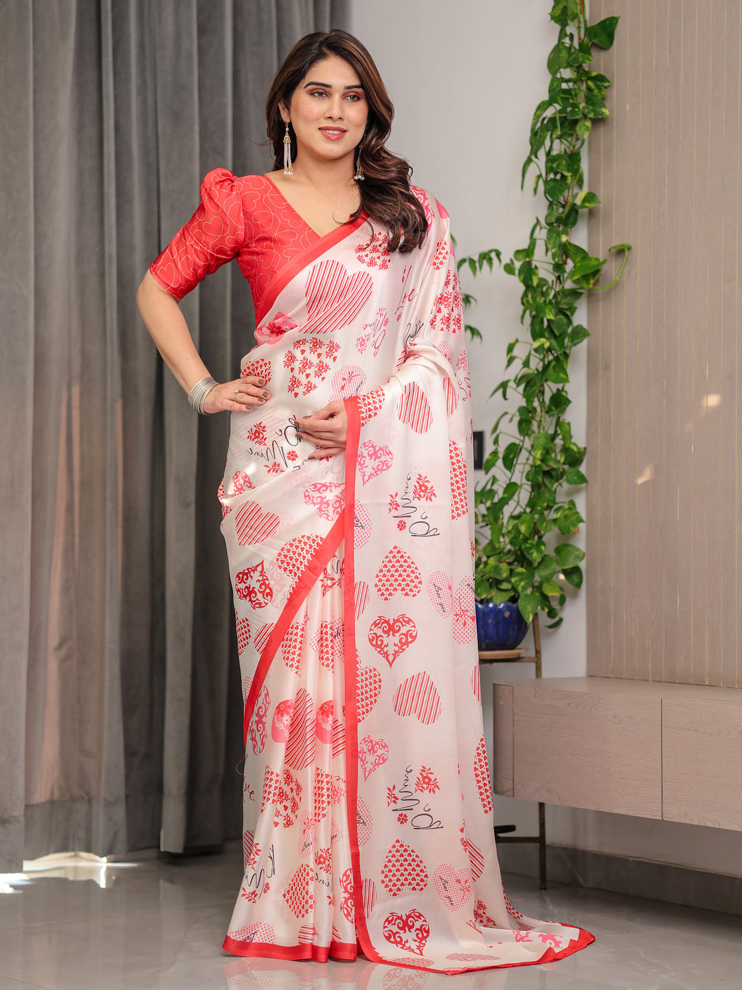 Ivory Pink & Red Love-Themed Satin Georgette Saree with Heart Prints and Romantic Pallu | Attached Blouse