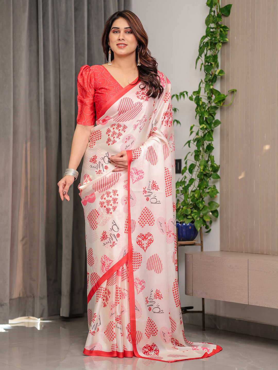 Ivory Pink & Red Love-Themed Satin Georgette Saree with Heart Prints and Romantic Pallu | Attached Blouse