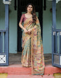 Sage Green & Maroon Handloom Cotton Saree with Mythical Tribal Art and Floral Motifs