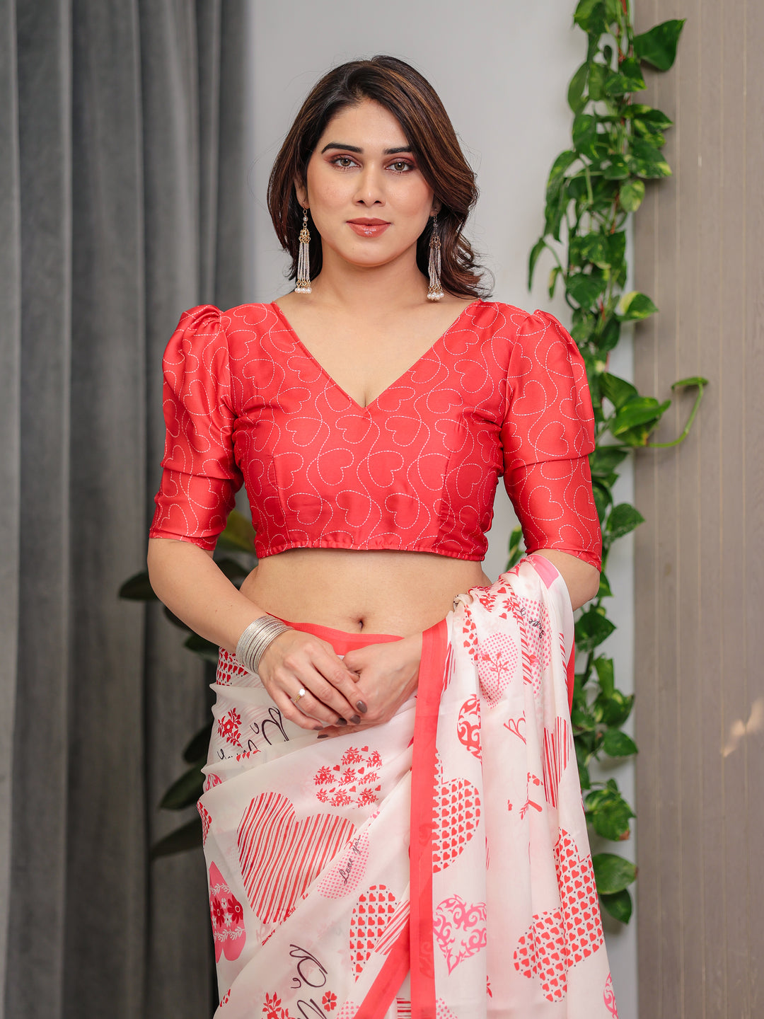 Ivory Pink & Red Love-Themed Satin Georgette Saree with Heart Prints and Romantic Pallu | Attached Blouse