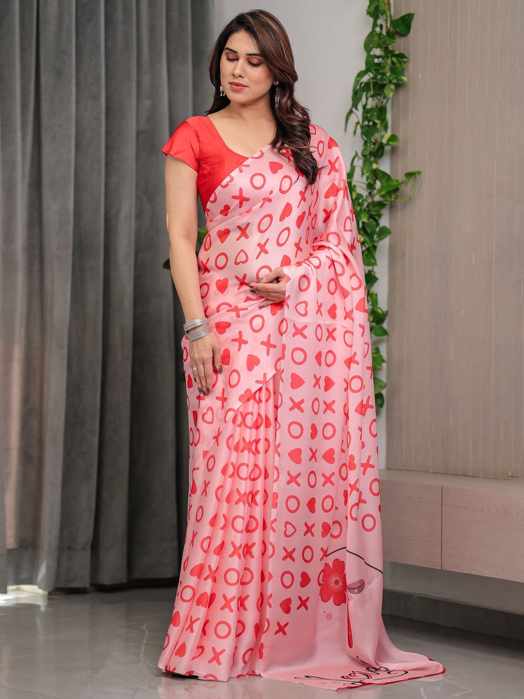 Blush Pink Satin Georgette Love-Themed Printed Saree with Romantic Heart & Typography Motifs and Matching Blouse