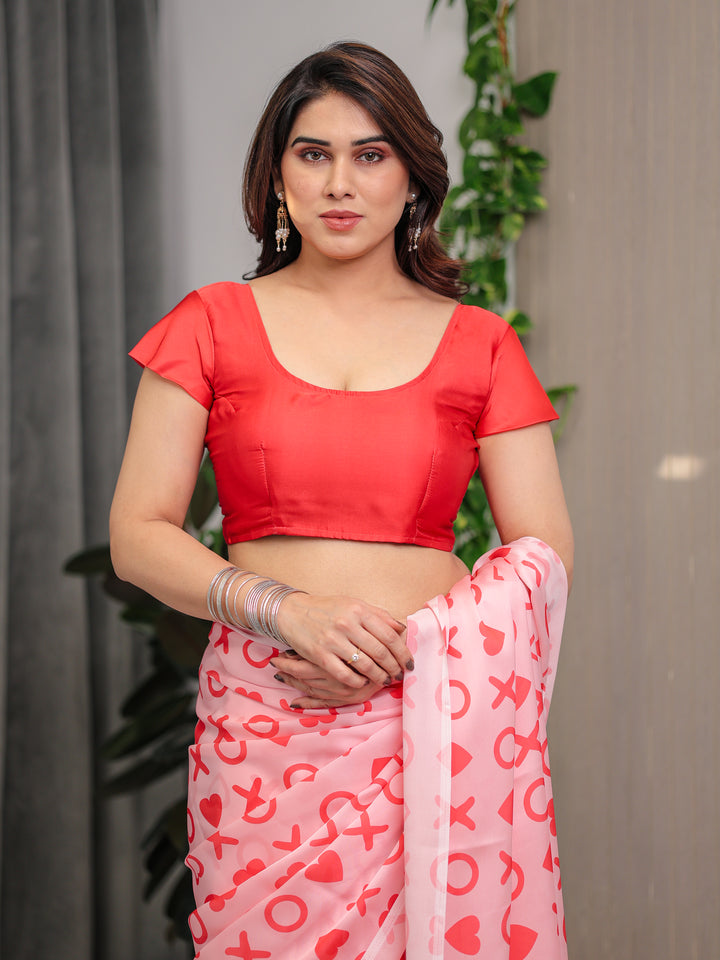 Blush Pink Satin Georgette Love-Themed Printed Saree with Romantic Heart & Typography Motifs and Matching Blouse