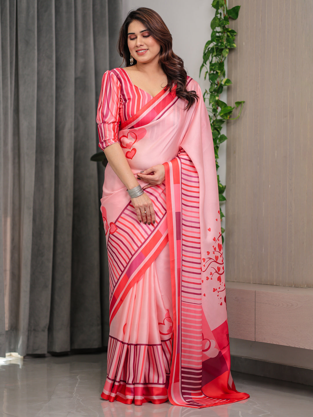 Rose Pink Satin Georgette Romantic Printed Saree with Proposal Silhouette, Heart Tree Pallu & Striped Border Blouse
