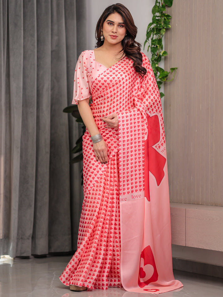 Soft Blush Pink Satin Georgette Heart Printed Saree with Gradient Love Motif Pallu & Matching Blouse