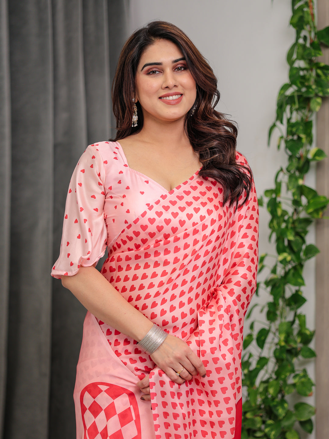 Soft Blush Pink Satin Georgette Heart Printed Saree with Gradient Love Motif Pallu & Matching Blouse