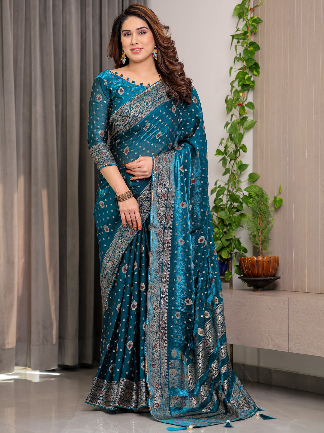 Peacock Teal Fendi Satin Block & Foil Printed Saree with Traditional Motifs, Tassel Edges & Attached Blouse