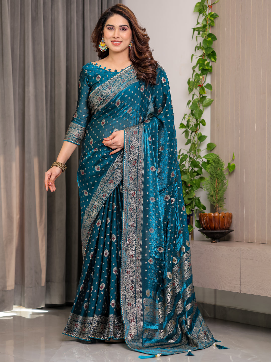 Peacock Teal Fendi Satin Block & Foil Printed Saree with Traditional Motifs, Tassel Edges & Attached Blouse