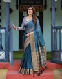 Teal Blue Plain Chiffon Saree with Gold Zari Border, Floral Printed Blouse & Tassel Detailing