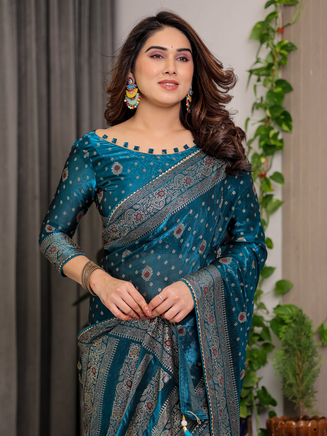 Peacock Teal Fendi Satin Block & Foil Printed Saree with Traditional Motifs, Tassel Edges & Attached Blouse