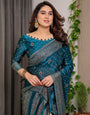 Peacock Teal Fendi Satin Block & Foil Printed Saree with Traditional Motifs, Tassel Edges & Attached Blouse
