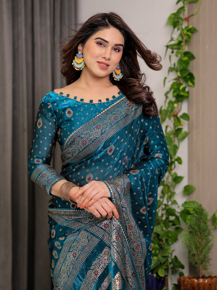 Peacock Teal Fendi Satin Block & Foil Printed Saree with Traditional Motifs, Tassel Edges & Attached Blouse