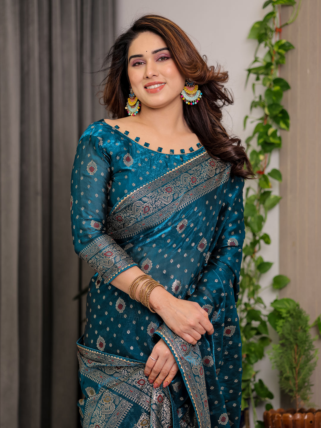 Peacock Teal Fendi Satin Block & Foil Printed Saree with Traditional Motifs, Tassel Edges & Attached Blouse