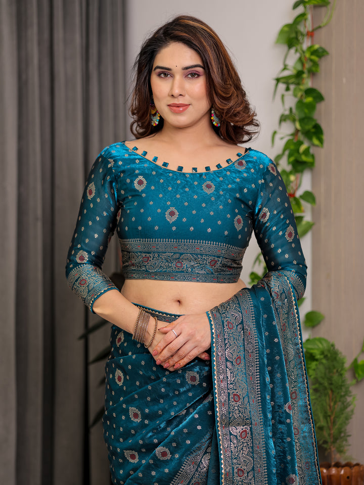 Peacock Teal Fendi Satin Block & Foil Printed Saree with Traditional Motifs, Tassel Edges & Attached Blouse